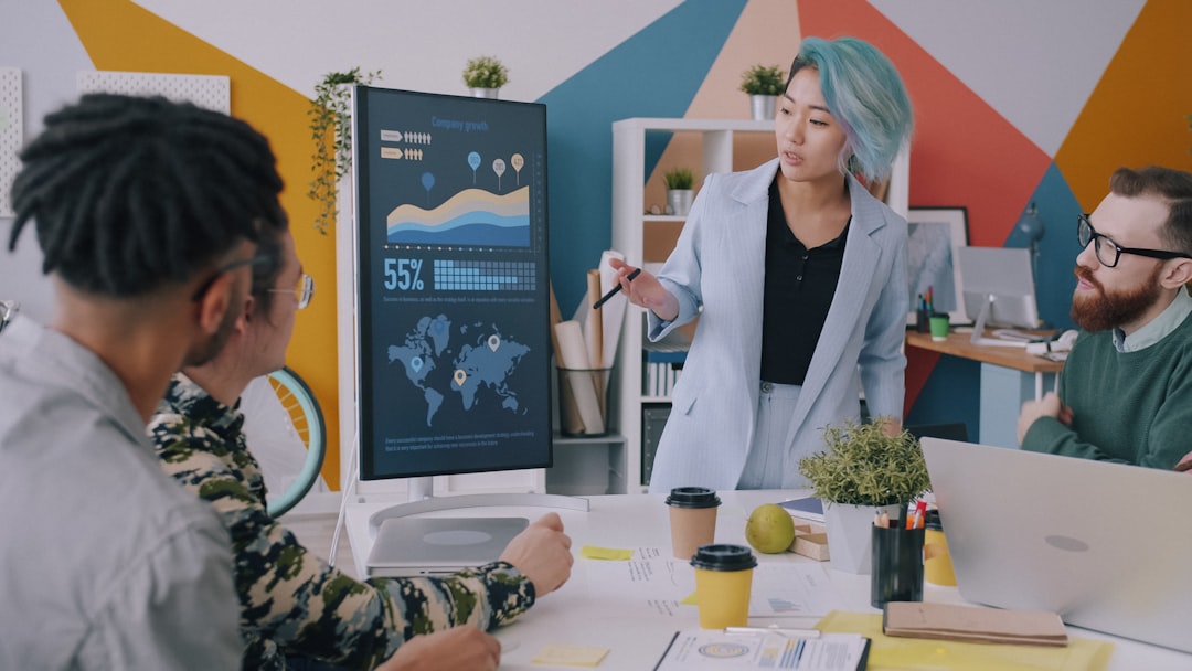 Business team reviewing AI productivity metrics on a digital dashboard