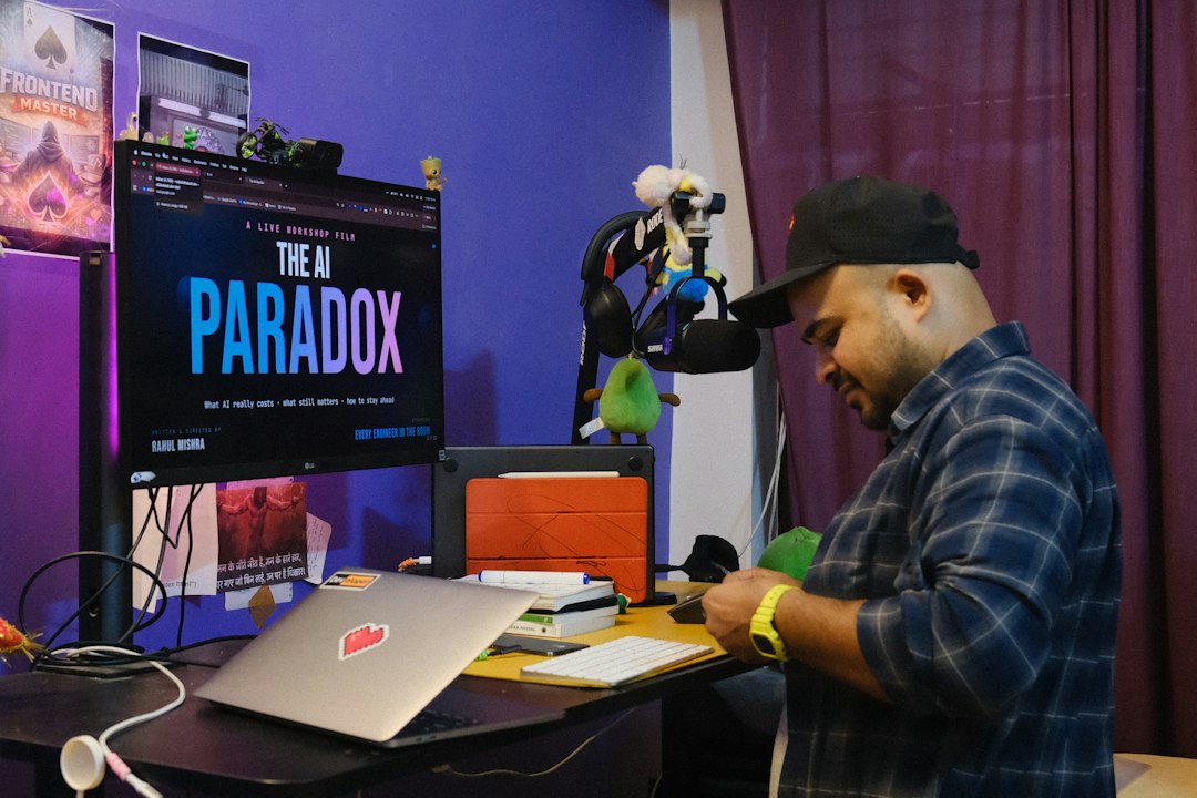 Content creator using laptop to produce AI influencer videos