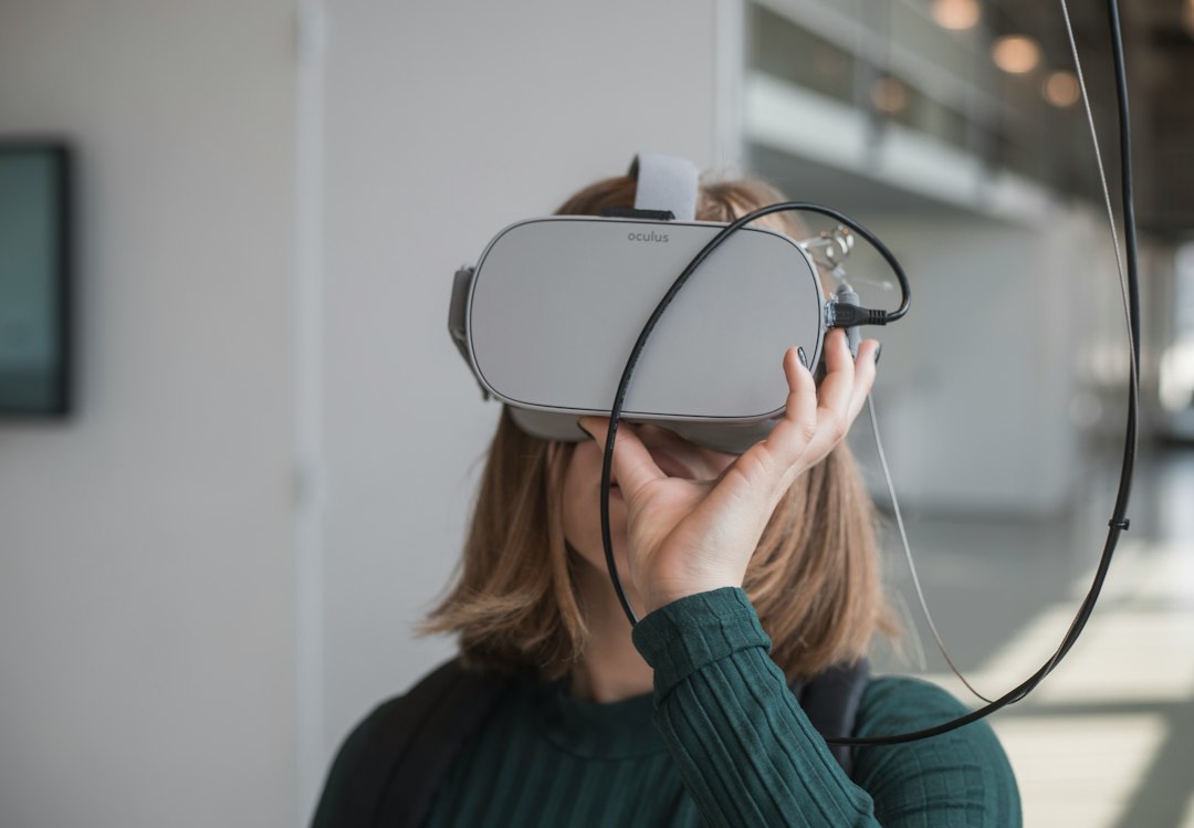 Person working at a virtual desk using a mixed reality headset